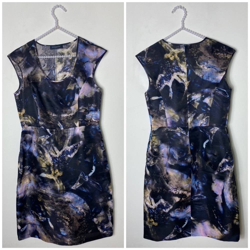 Piazza Sempione Black Blue Marble 100% Silk Sheath Midi Dress Size 44 IT M